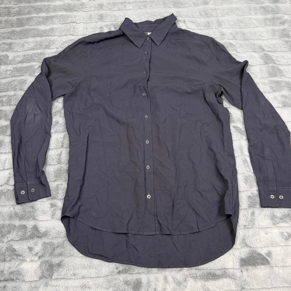Uniqlo Rayon Long Sleeve Blouse Navy Blue Button Down Shirt XS 408901